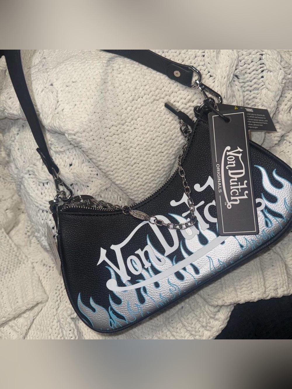 Von Dutch Black Shoulder Bag with Blue & White Flame Logo